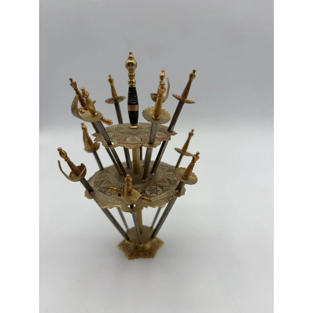 Vintage Toledo Spain Appetizer Swords Set of 12 Brass Cocktail Picks Stand